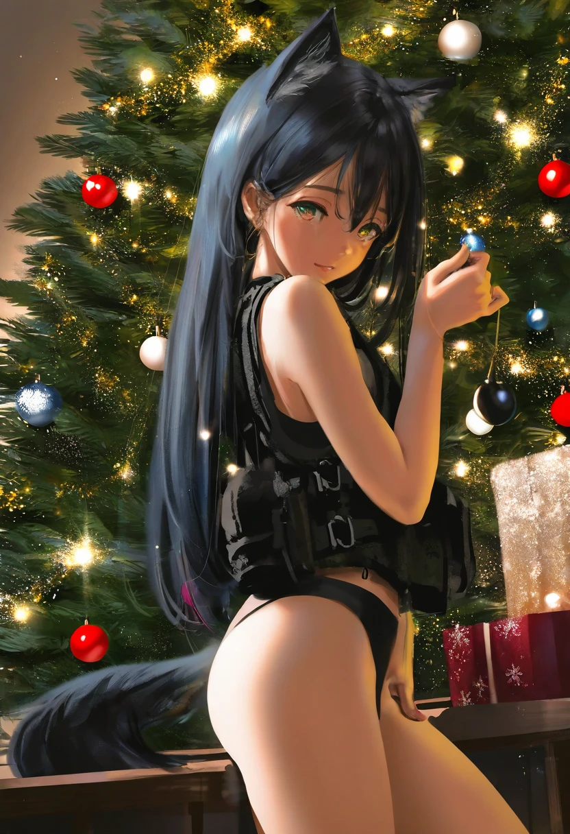 (mafuyu \(chibi21\)),((rurudo,gusha s,hiro \(dismaless\),wlop,yoneyama mai,mikami mika)),[[murata range]], - 1girl,texas \(arknights\),arknights,underwear,tactical vest,christmas tree,christmas ornaments,