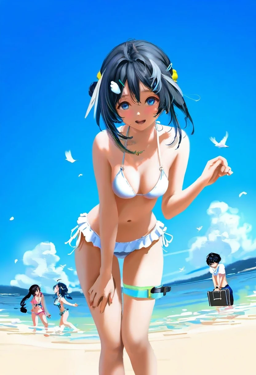 (mafuyu \(chibi21\)),((rurudo,gusha s,hiro \(dismaless\),wlop,yoneyama mai,mikami mika)),[[murata range]], - 1girl,la pluma \(summer flowers\) \(arknights\),arknights,white bikini,outdoors,navel,day,sky,blue sky,beach,suitcase,looking at viewer,ocean,low-tied long hair,leaning forward,standing,holding,frills,hand up,bare shoulders,floating hair,