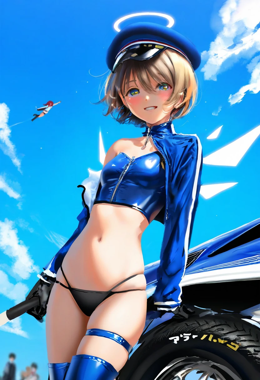 (mafuyu \(chibi21\)),((rurudo,gusha s,hiro \(dismaless\),wlop,yoneyama mai,mikami mika)),[[murata range]], - 1girl,exusiai \(arknights\),arknights,black gloves,black panties,blue thigh boots,blue hat,blue jacket,long sleeves,race queen,thigh strap,thong,single bare shoulder,skindentation,tire,