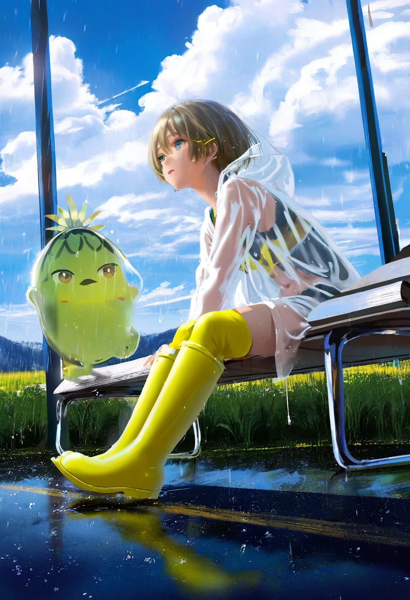 (mafuyu \(chibi21\)),((rurudo,gusha s,hiro \(dismaless\),wlop,yoneyama mai,mikami mika)),[[murata range]], - 1girl,muelsyse \(arknights\),arknights,cloudy sky,grass,on bench,outdoors,rain,road,yellow rubber boots,see-through coat,sitting,transparent raincoat,water drop,