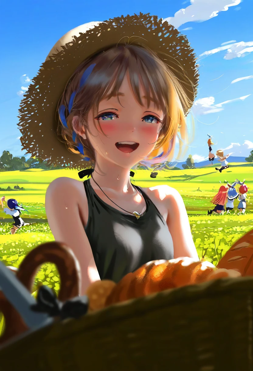 (mafuyu \(chibi21\)),((rurudo,gusha s,hiro \(dismaless\),wlop,yoneyama mai,mikami mika)),[[murata range]], - 1girl,bagpipe \(arknights\),arknights,baguette,blush,bread,croissant,holding basket,pretzel,upper body,straw hat,field,sky,laughing,sweat,sunlight,
