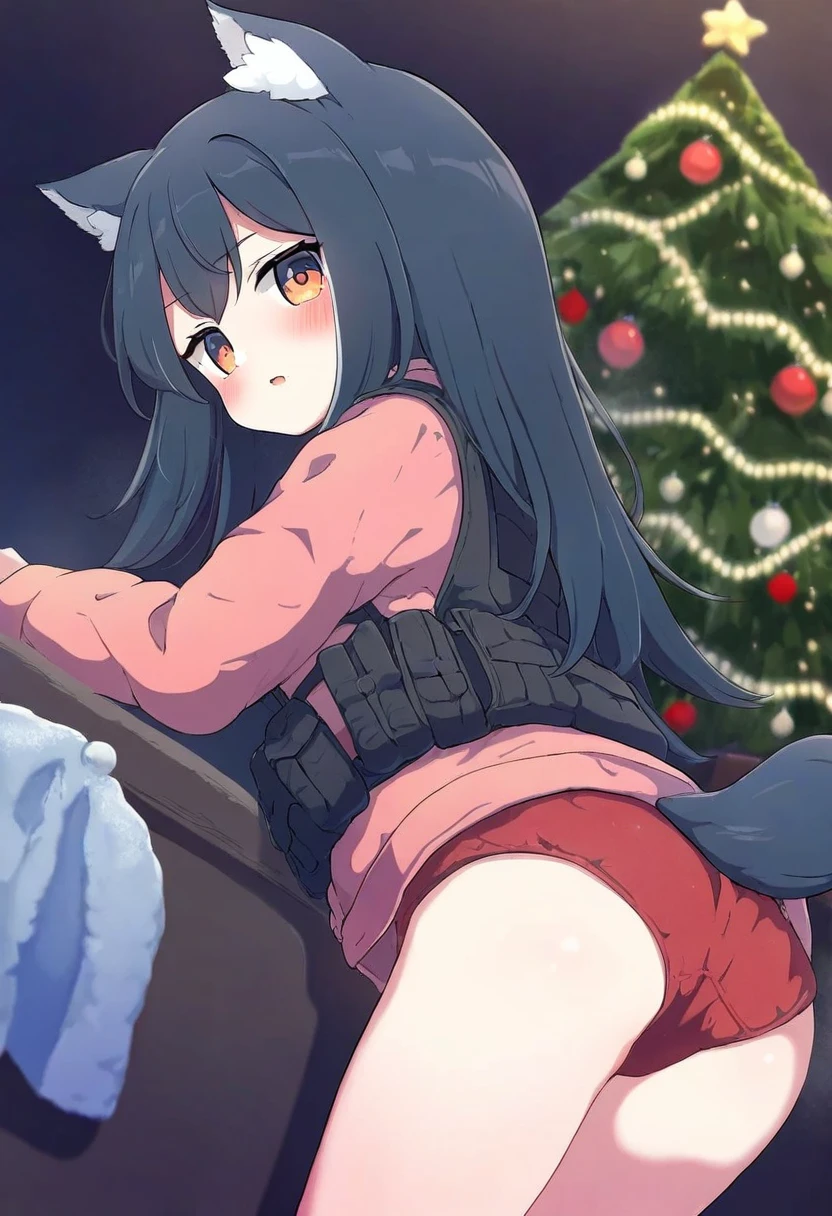 naga u,[tyakomes],henreader,baku-p, - 1girl,texas \(arknights\),arknights,underwear,tactical vest,christmas tree,christmas ornaments,