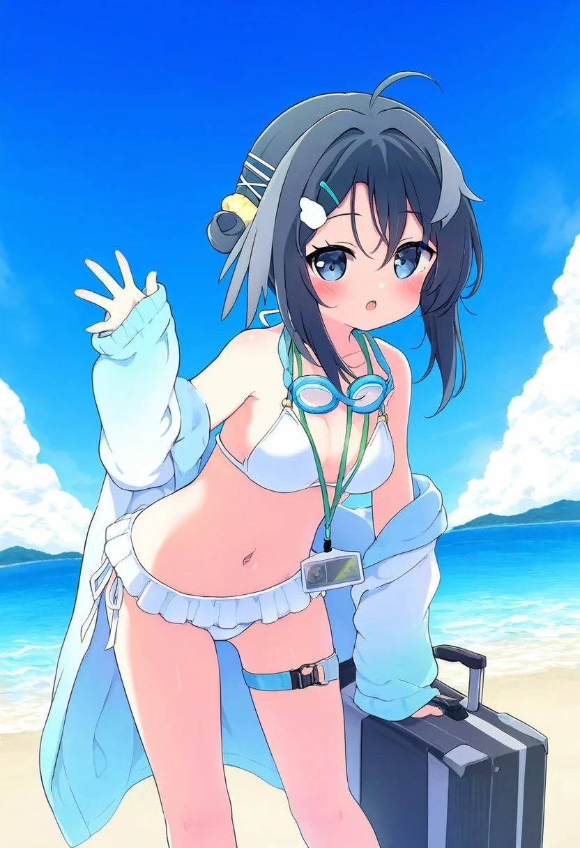 naga u,[tyakomes],henreader,baku-p, - 1girl,la pluma \(summer flowers\) \(arknights\),arknights,white bikini,outdoors,navel,day,sky,blue sky,beach,suitcase,looking at viewer,ocean,low-tied long hair,leaning forward,standing,holding,frills,hand up,bare shoulders,floating hair,