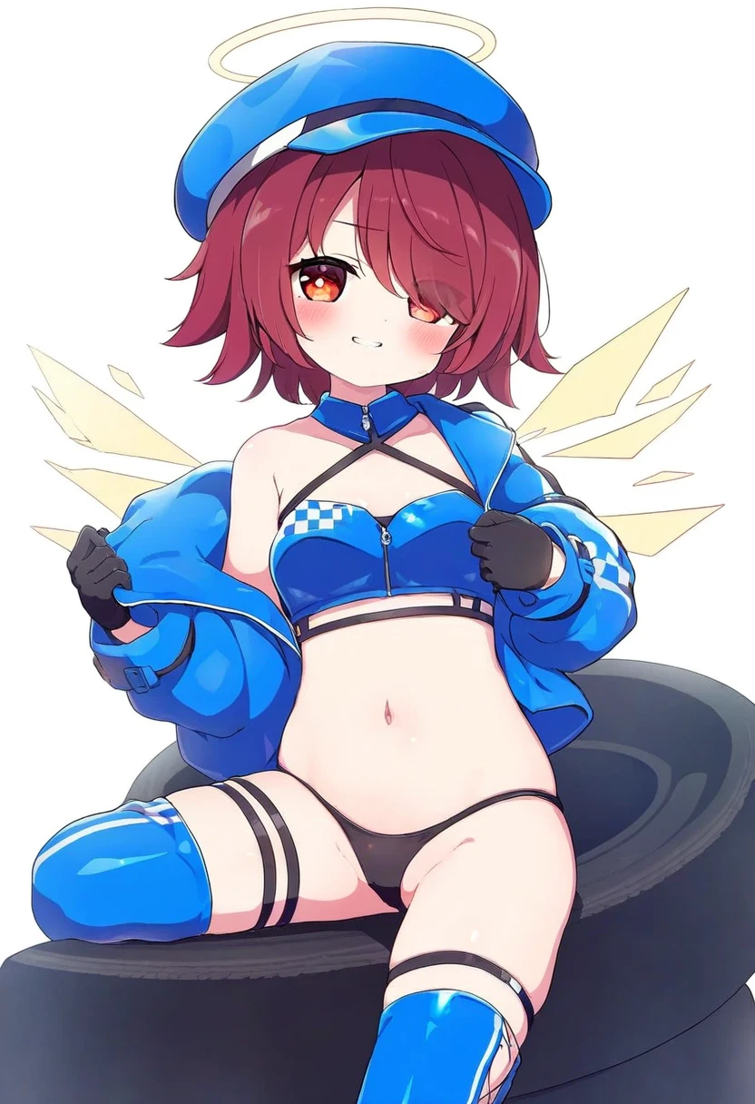 naga u,[tyakomes],henreader,baku-p, - 1girl,exusiai \(arknights\),arknights,black gloves,black panties,blue thigh boots,blue hat,blue jacket,long sleeves,race queen,thigh strap,thong,single bare shoulder,skindentation,tire,