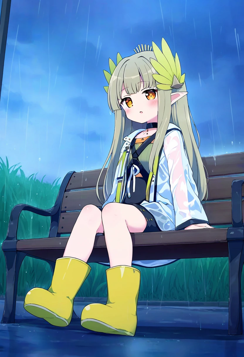 naga u,[tyakomes],henreader,baku-p, - 1girl,muelsyse \(arknights\),arknights,cloudy sky,grass,on bench,outdoors,rain,road,yellow rubber boots,see-through coat,sitting,transparent raincoat,water drop,