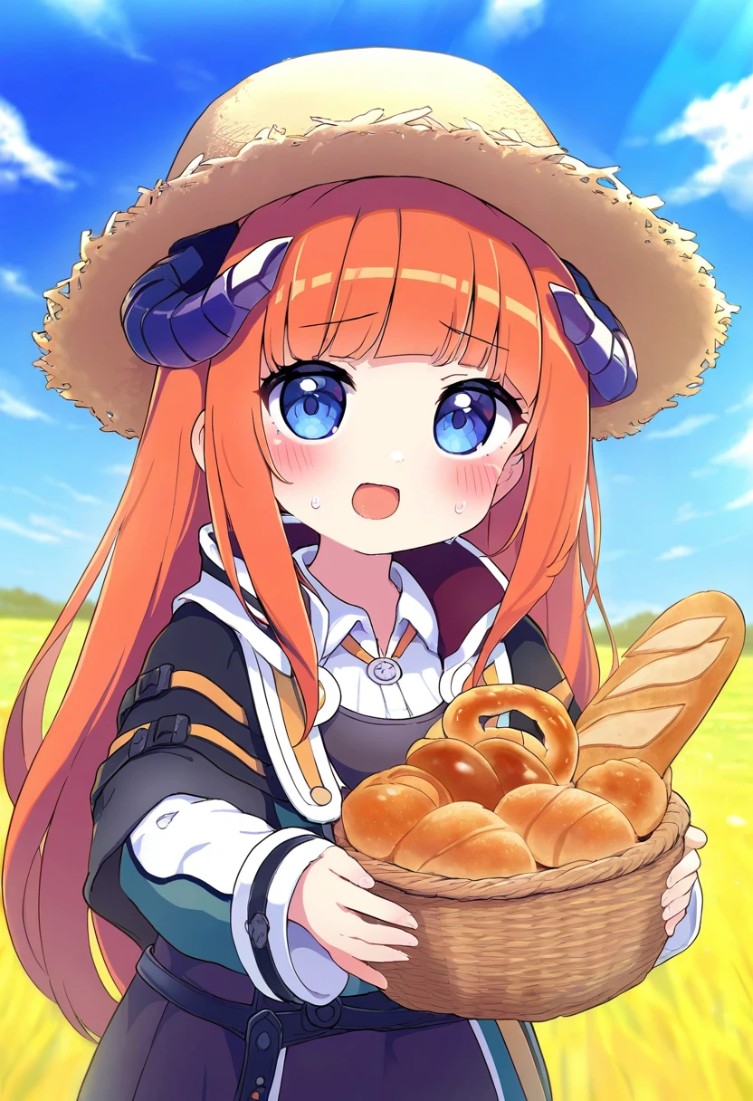 naga u,[tyakomes],henreader,baku-p, - 1girl,bagpipe \(arknights\),arknights,baguette,blush,bread,croissant,holding basket,pretzel,upper body,straw hat,field,sky,laughing,sweat,sunlight,