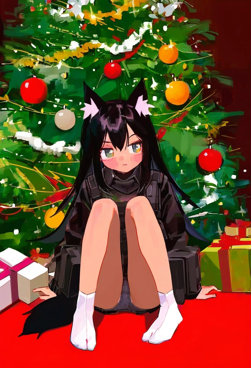 (fagun yibei),berryverrine,saaal653,mihifu,reddizen,tabi \(tabisumika\),naga u,no lineart, - 1girl,texas \(arknights\),arknights,underwear,tactical vest,christmas tree,christmas ornaments,