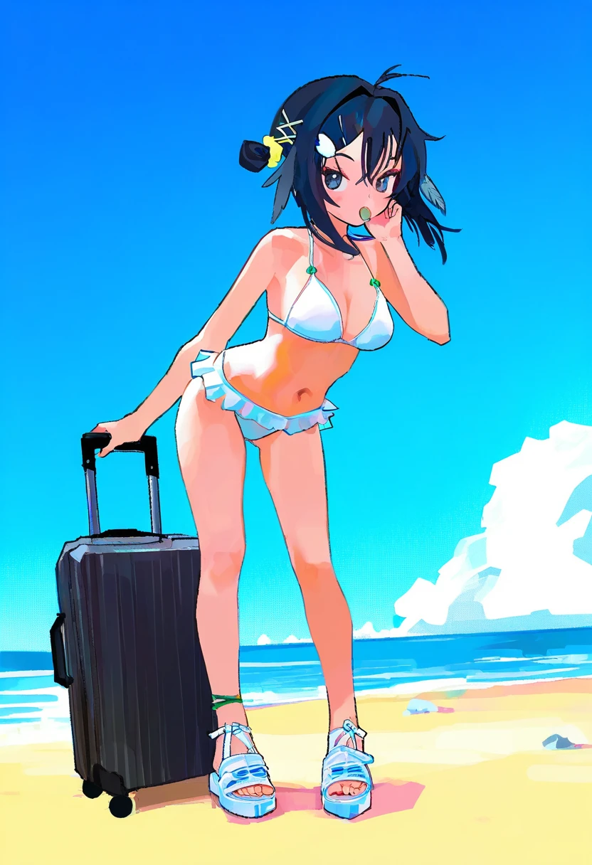 (fagun yibei),berryverrine,saaal653,mihifu,reddizen,tabi \(tabisumika\),naga u,no lineart, - 1girl,la pluma \(summer flowers\) \(arknights\),arknights,white bikini,outdoors,navel,day,sky,blue sky,beach,suitcase,looking at viewer,ocean,low-tied long hair,leaning forward,standing,holding,frills,hand up,bare shoulders,floating hair,