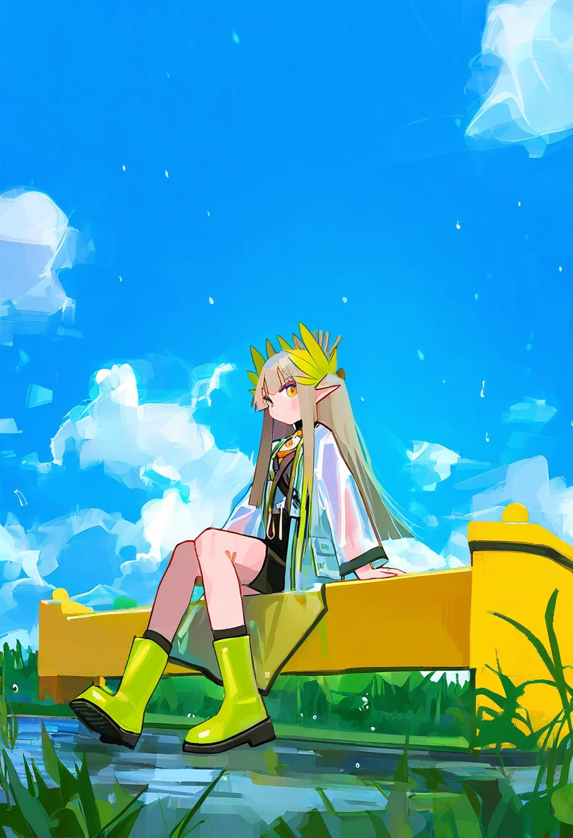 (fagun yibei),berryverrine,saaal653,mihifu,reddizen,tabi \(tabisumika\),naga u,no lineart, - 1girl,muelsyse \(arknights\),arknights,cloudy sky,grass,on bench,outdoors,rain,road,yellow rubber boots,see-through coat,sitting,transparent raincoat,water drop,