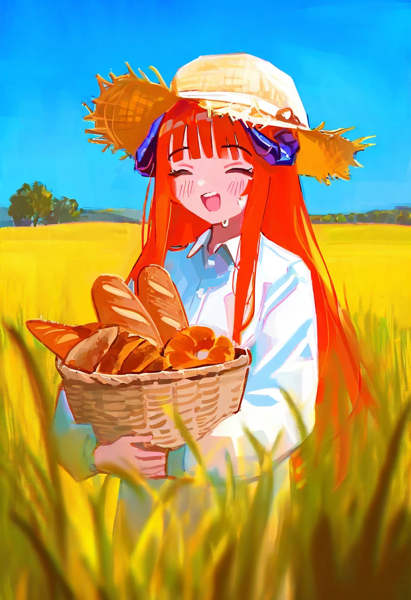(fagun yibei),berryverrine,saaal653,mihifu,reddizen,tabi \(tabisumika\),naga u,no lineart, - 1girl,bagpipe \(arknights\),arknights,baguette,blush,bread,croissant,holding basket,pretzel,upper body,straw hat,field,sky,laughing,sweat,sunlight,