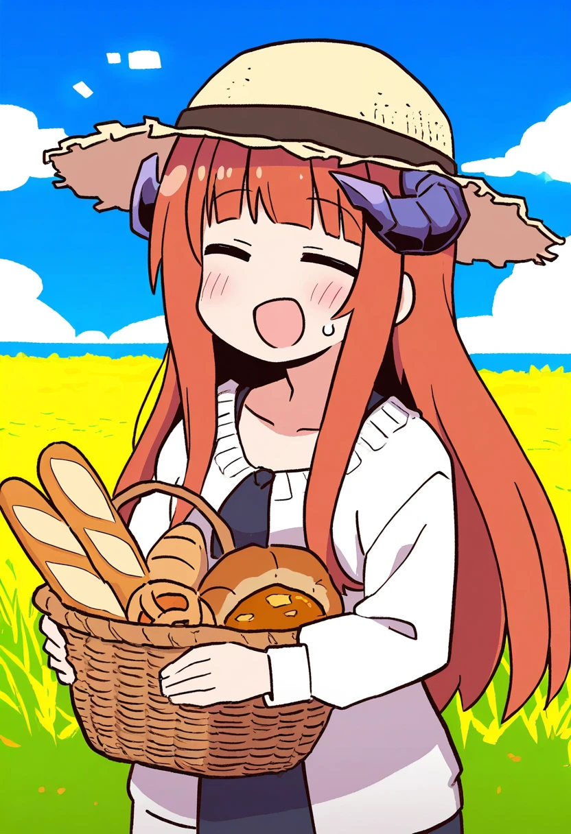 unfinished,naga u,nekotoufu,ilya kuvshinov, - 1girl,bagpipe \(arknights\),arknights,baguette,blush,bread,croissant,holding basket,pretzel,upper body,straw hat,field,sky,laughing,sweat,sunlight,