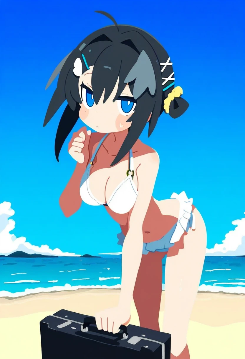 morino hon,nuu \(nu-nyu\),(harada takehito), - 1girl,la pluma \(summer flowers\) \(arknights\),arknights,white bikini,outdoors,navel,day,sky,blue sky,beach,suitcase,looking at viewer,ocean,low-tied long hair,leaning forward,standing,holding,frills,hand up,bare shoulders,floating hair,