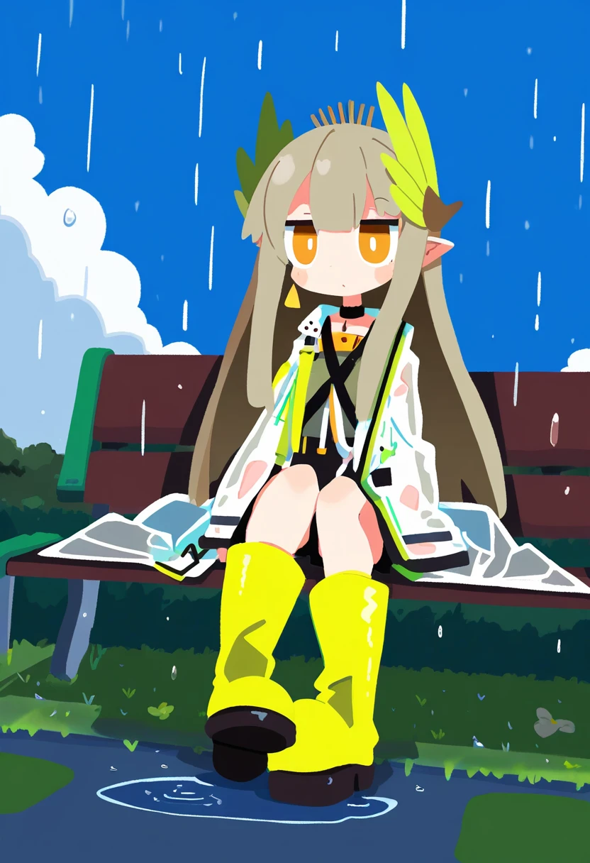 morino hon,nuu \(nu-nyu\),(harada takehito), - 1girl,muelsyse \(arknights\),arknights,cloudy sky,grass,on bench,outdoors,rain,road,yellow rubber boots,see-through coat,sitting,transparent raincoat,water drop,