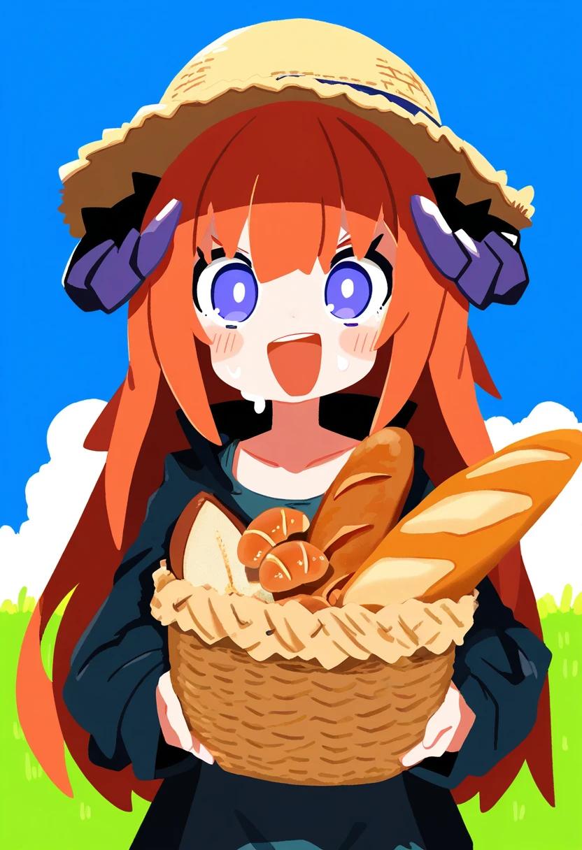morino hon,nuu \(nu-nyu\),(harada takehito), - 1girl,bagpipe \(arknights\),arknights,baguette,blush,bread,croissant,holding basket,pretzel,upper body,straw hat,field,sky,laughing,sweat,sunlight,