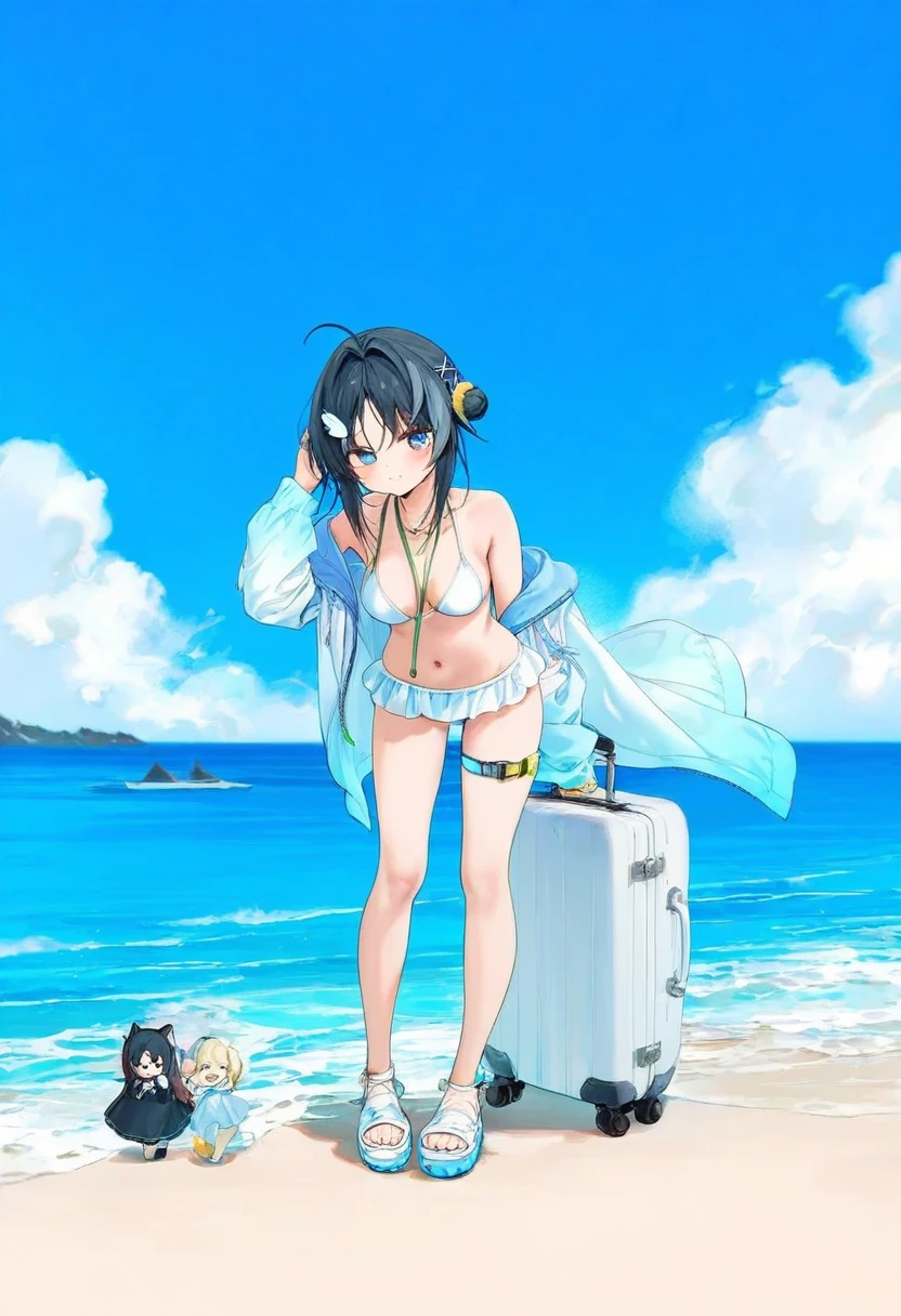((((chibi)))),1 girl,(amaichi esora),zhibuji loom,[WANKE],[ciloranko],[amashiro.natsuki],(rubi-sama))((asanagi)),[[toraishi 666]] [[mvv]] (zuizi),(taitai,chen bin),[sho \(sho lwlw\),chibi, - 1girl,la pluma \(summer flowers\) \(arknights\),arknights,white bikini,outdoors,navel,day,sky,blue sky,beach,suitcase,looking at viewer,ocean,low-tied long hair,leaning forward,standing,holding,frills,hand up,bare shoulders,floating hair,