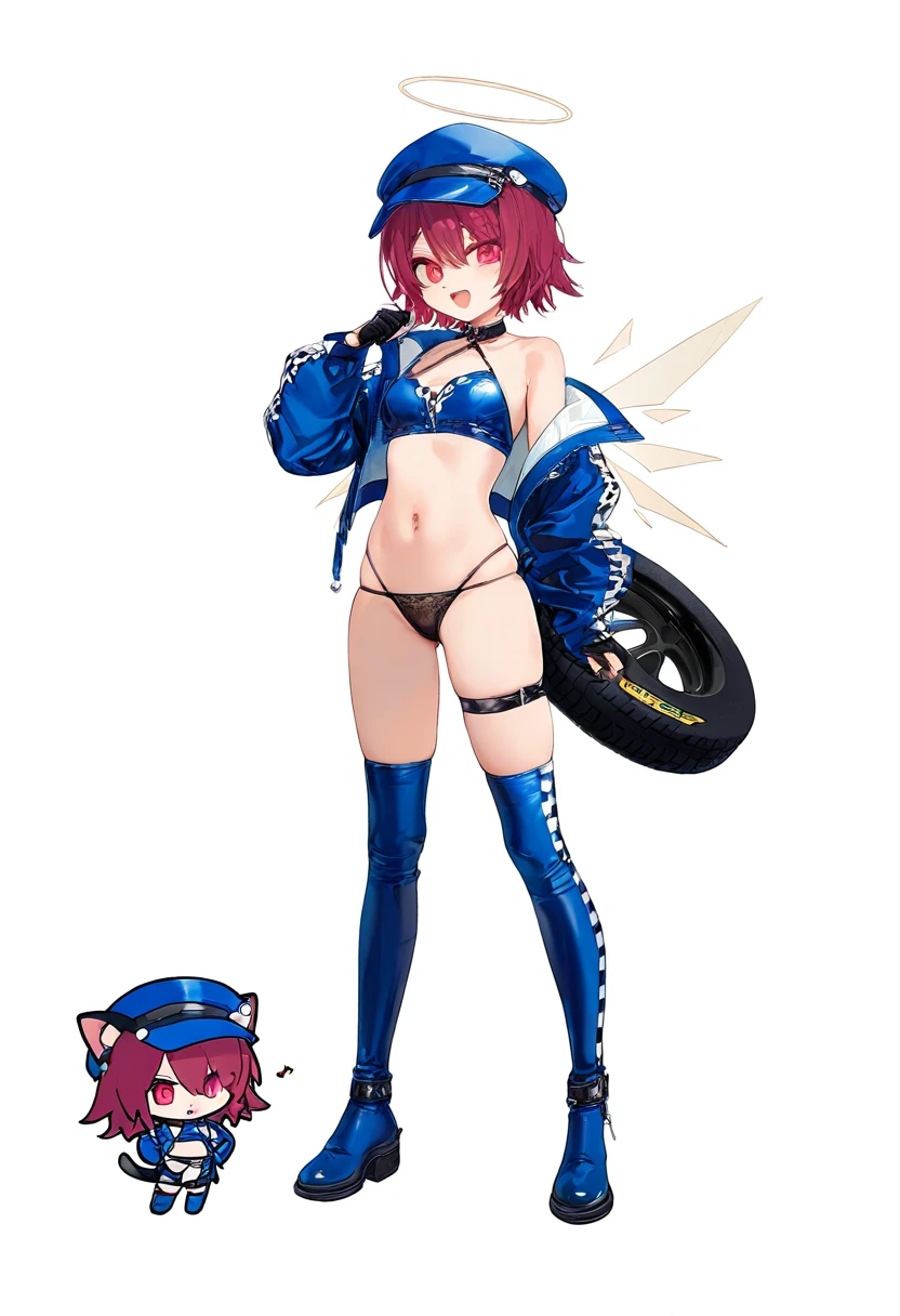 ((((chibi)))),1 girl,(amaichi esora),zhibuji loom,[WANKE],[ciloranko],[amashiro.natsuki],(rubi-sama))((asanagi)),[[toraishi 666]] [[mvv]] (zuizi),(taitai,chen bin),[sho \(sho lwlw\),chibi, - 1girl,exusiai \(arknights\),arknights,black gloves,black panties,blue thigh boots,blue hat,blue jacket,long sleeves,race queen,thigh strap,thong,single bare shoulder,skindentation,tire,