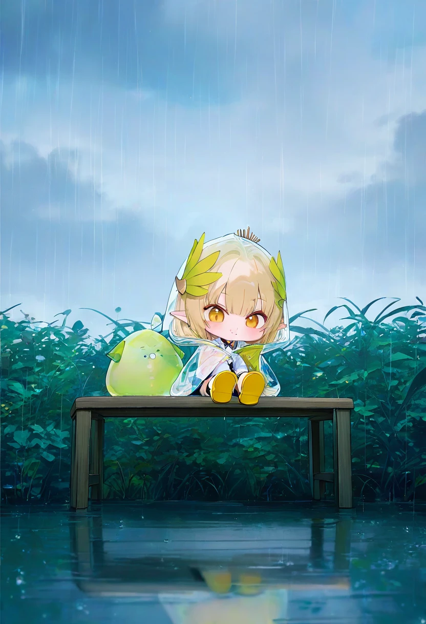 ((((chibi)))),1 girl,(amaichi esora),zhibuji loom,[WANKE],[ciloranko],[amashiro.natsuki],(rubi-sama))((asanagi)),[[toraishi 666]] [[mvv]] (zuizi),(taitai,chen bin),[sho \(sho lwlw\),chibi, - 1girl,muelsyse \(arknights\),arknights,cloudy sky,grass,on bench,outdoors,rain,road,yellow rubber boots,see-through coat,sitting,transparent raincoat,water drop,