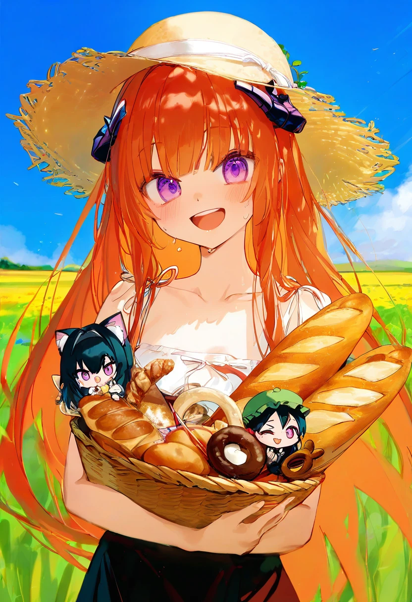 ((((chibi)))),1 girl,(amaichi esora),zhibuji loom,[WANKE],[ciloranko],[amashiro.natsuki],(rubi-sama))((asanagi)),[[toraishi 666]] [[mvv]] (zuizi),(taitai,chen bin),[sho \(sho lwlw\),chibi, - 1girl,bagpipe \(arknights\),arknights,baguette,blush,bread,croissant,holding basket,pretzel,upper body,straw hat,field,sky,laughing,sweat,sunlight,