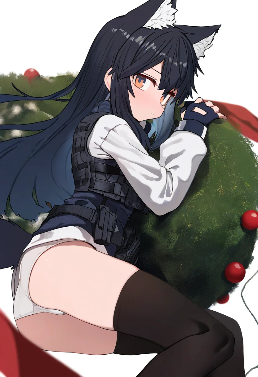 luicent,[ningen mame],sumiyao \(amam\),astg, - 1girl,texas \(arknights\),arknights,underwear,tactical vest,christmas tree,christmas ornaments,