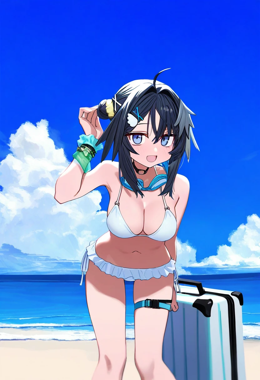 luicent,[ningen mame],sumiyao \(amam\),astg, - 1girl,la pluma \(summer flowers\) \(arknights\),arknights,white bikini,outdoors,navel,day,sky,blue sky,beach,suitcase,looking at viewer,ocean,low-tied long hair,leaning forward,standing,holding,frills,hand up,bare shoulders,floating hair,