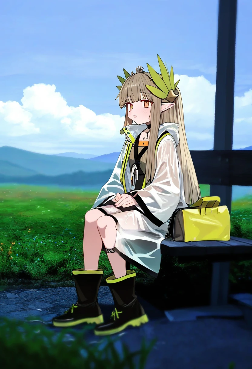luicent,[ningen mame],sumiyao \(amam\),astg, - 1girl,muelsyse \(arknights\),arknights,cloudy sky,grass,on bench,outdoors,rain,road,yellow rubber boots,see-through coat,sitting,transparent raincoat,water drop,