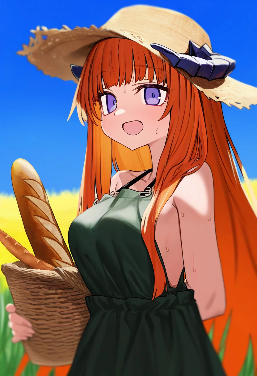 luicent,[ningen mame],sumiyao \(amam\),astg, - 1girl,bagpipe \(arknights\),arknights,baguette,blush,bread,croissant,holding basket,pretzel,upper body,straw hat,field,sky,laughing,sweat,sunlight,