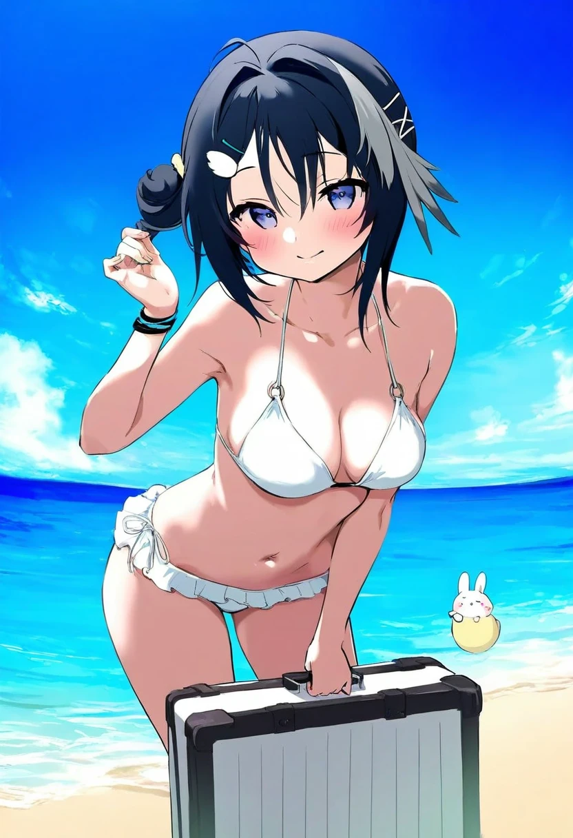 [[torino]],(as109),[[asanagi]],(torino auqa),saku usako \(rabbit\),[mochizuki kei],(asanagi), - 1girl,la pluma \(summer flowers\) \(arknights\),arknights,white bikini,outdoors,navel,day,sky,blue sky,beach,suitcase,looking at viewer,ocean,low-tied long hair,leaning forward,standing,holding,frills,hand up,bare shoulders,floating hair,