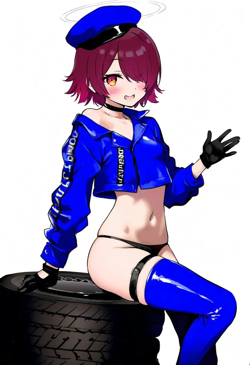 [[torino]],(as109),[[asanagi]],(torino auqa),saku usako \(rabbit\),[mochizuki kei],(asanagi), - 1girl,exusiai \(arknights\),arknights,black gloves,black panties,blue thigh boots,blue hat,blue jacket,long sleeves,race queen,thigh strap,thong,single bare shoulder,skindentation,tire,