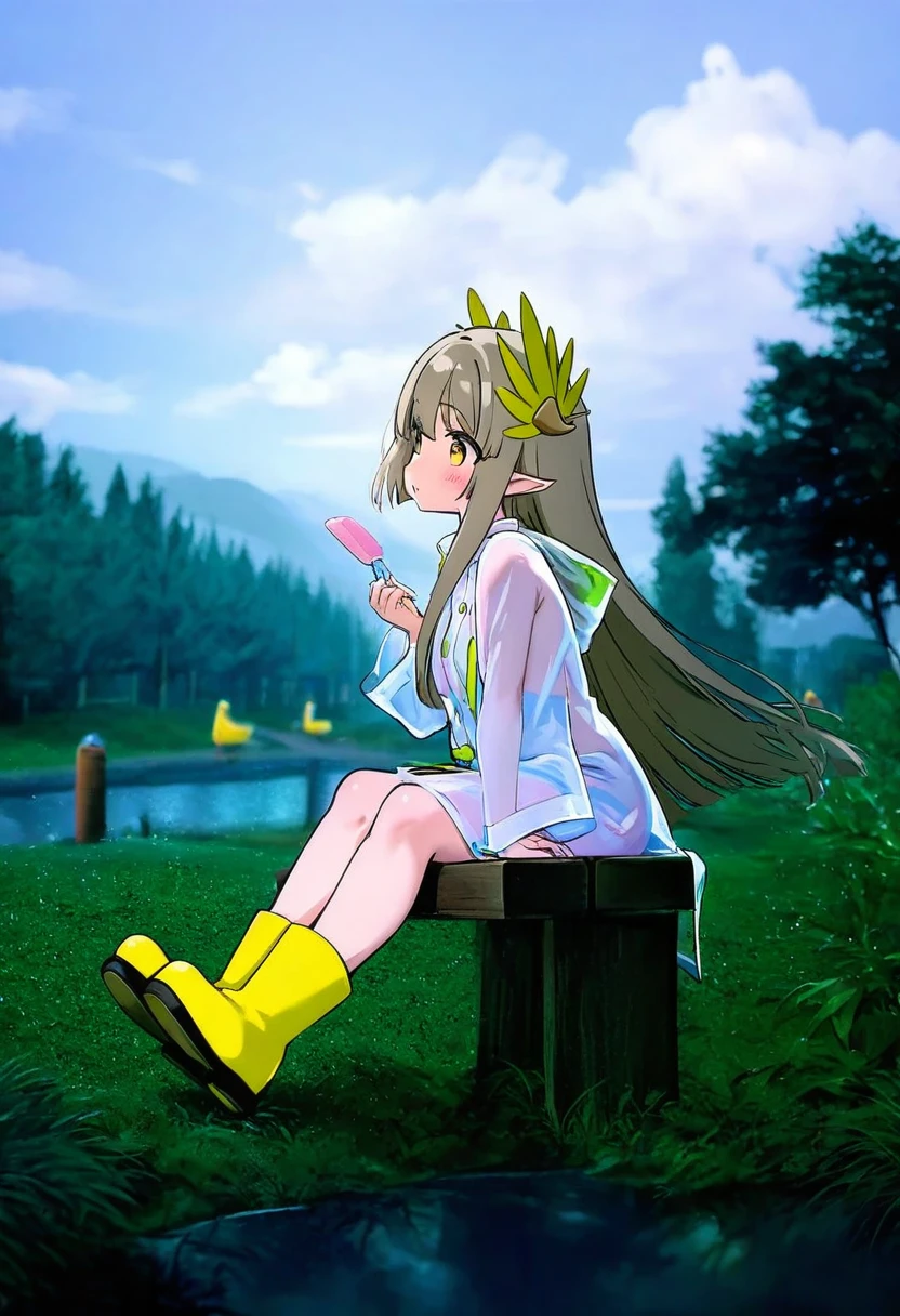 [[torino]],(as109),[[asanagi]],(torino auqa),saku usako \(rabbit\),[mochizuki kei],(asanagi), - 1girl,muelsyse \(arknights\),arknights,cloudy sky,grass,on bench,outdoors,rain,road,yellow rubber boots,see-through coat,sitting,transparent raincoat,water drop,