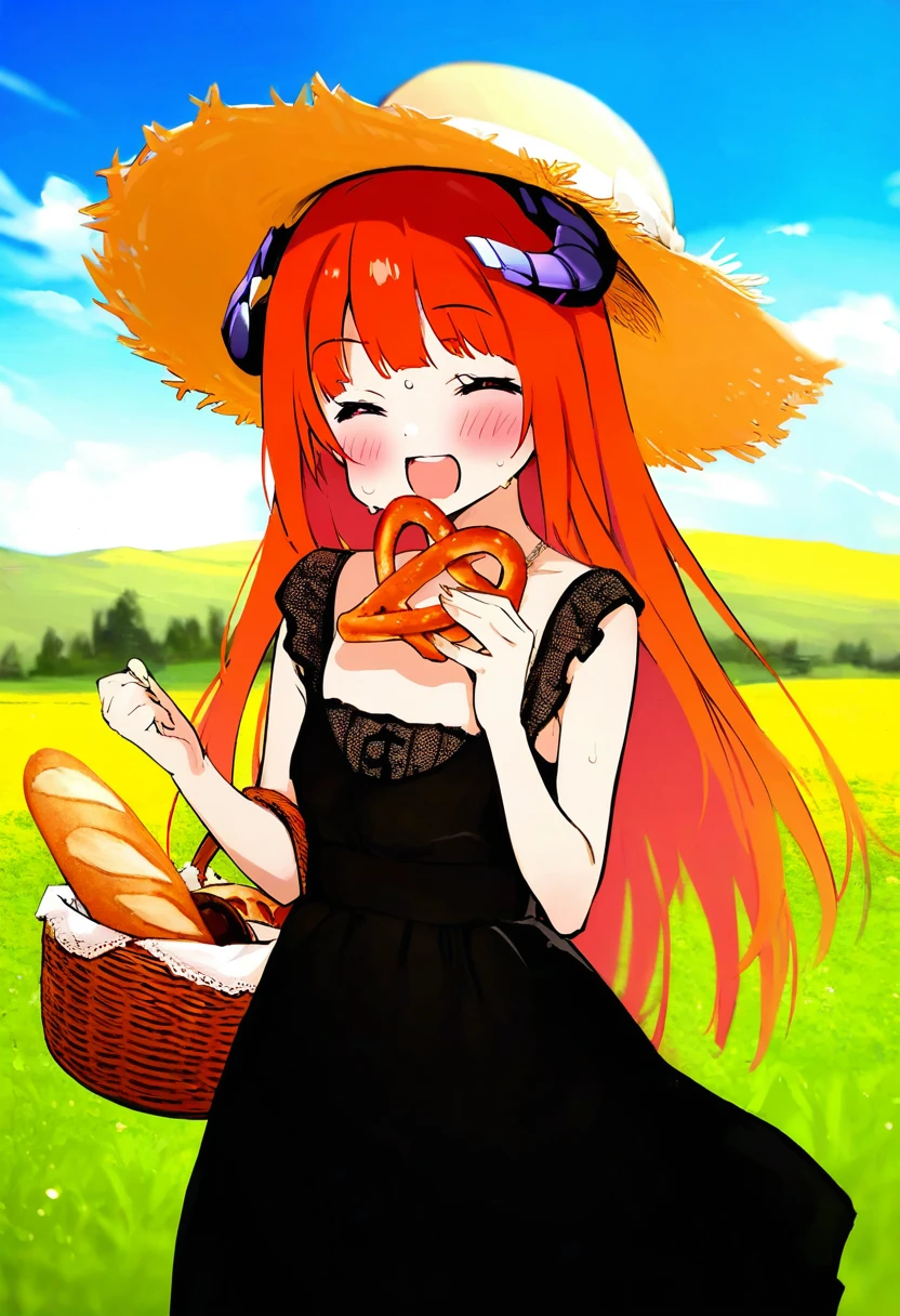 [[torino]],(as109),[[asanagi]],(torino auqa),saku usako \(rabbit\),[mochizuki kei],(asanagi), - 1girl,bagpipe \(arknights\),arknights,baguette,blush,bread,croissant,holding basket,pretzel,upper body,straw hat,field,sky,laughing,sweat,sunlight,