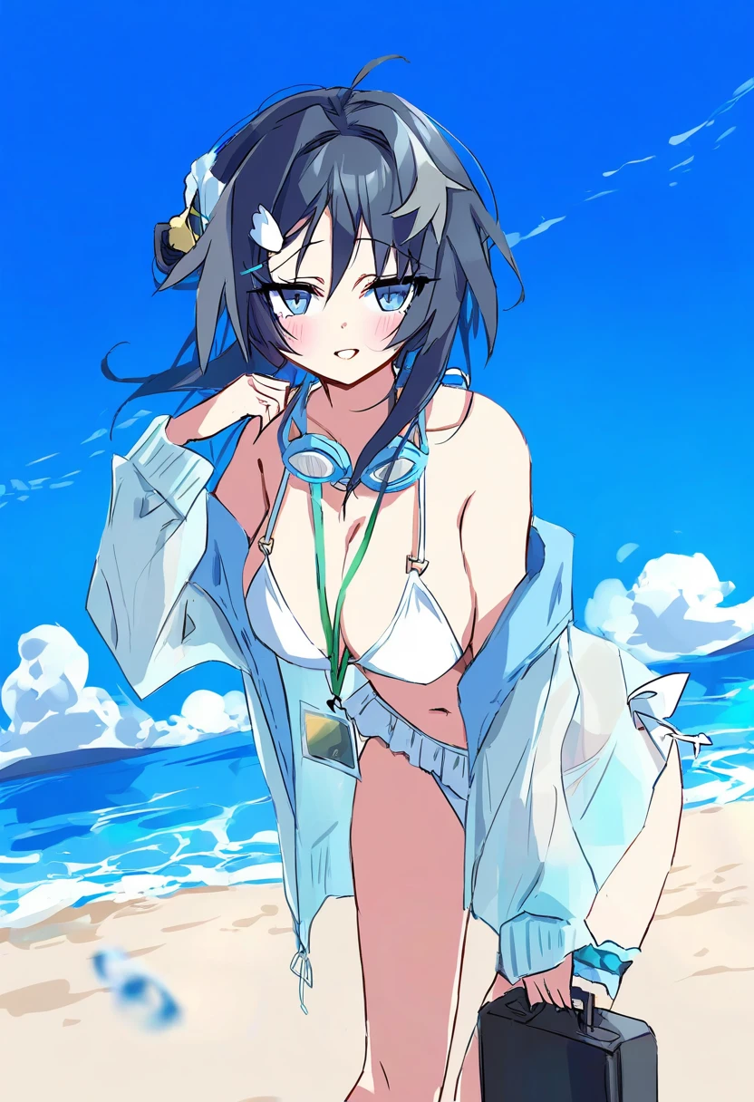 kanzakietc,(aono \(f i s\)),sasa onigiri,(na tarapisu153), - 1girl,la pluma \(summer flowers\) \(arknights\),arknights,white bikini,outdoors,navel,day,sky,blue sky,beach,suitcase,looking at viewer,ocean,low-tied long hair,leaning forward,standing,holding,frills,hand up,bare shoulders,floating hair,