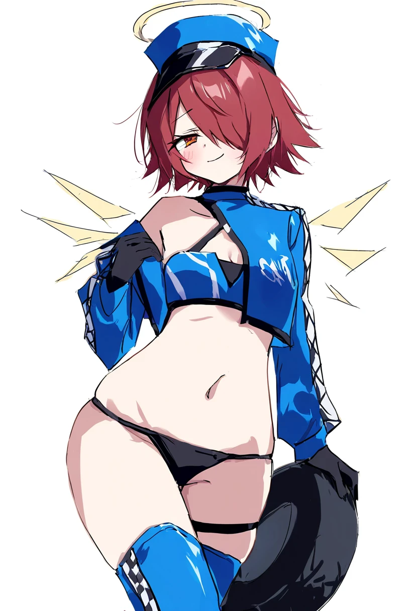 kanzakietc,(aono \(f i s\)),sasa onigiri,(na tarapisu153), - 1girl,exusiai \(arknights\),arknights,black gloves,black panties,blue thigh boots,blue hat,blue jacket,long sleeves,race queen,thigh strap,thong,single bare shoulder,skindentation,tire,