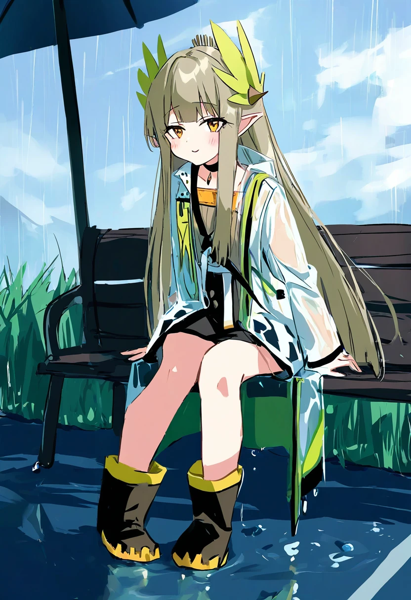 kanzakietc,(aono \(f i s\)),sasa onigiri,(na tarapisu153), - 1girl,muelsyse \(arknights\),arknights,cloudy sky,grass,on bench,outdoors,rain,road,yellow rubber boots,see-through coat,sitting,transparent raincoat,water drop,