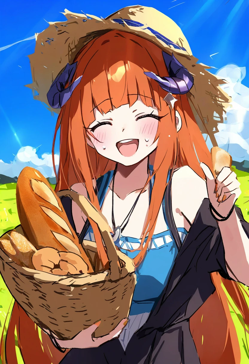 kanzakietc,(aono \(f i s\)),sasa onigiri,(na tarapisu153), - 1girl,bagpipe \(arknights\),arknights,baguette,blush,bread,croissant,holding basket,pretzel,upper body,straw hat,field,sky,laughing,sweat,sunlight,