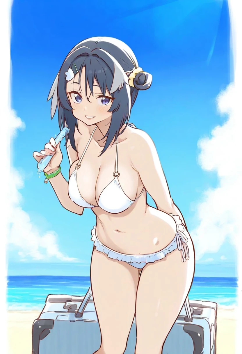gochisousama \(tanin050\),[[[[[tsukareta san]]]]],[[[[[[[[[[cutesexyrobutts]]]]]]]]]], - 1girl,la pluma \(summer flowers\) \(arknights\),arknights,white bikini,outdoors,navel,day,sky,blue sky,beach,suitcase,looking at viewer,ocean,low-tied long hair,leaning forward,standing,holding,frills,hand up,bare shoulders,floating hair,