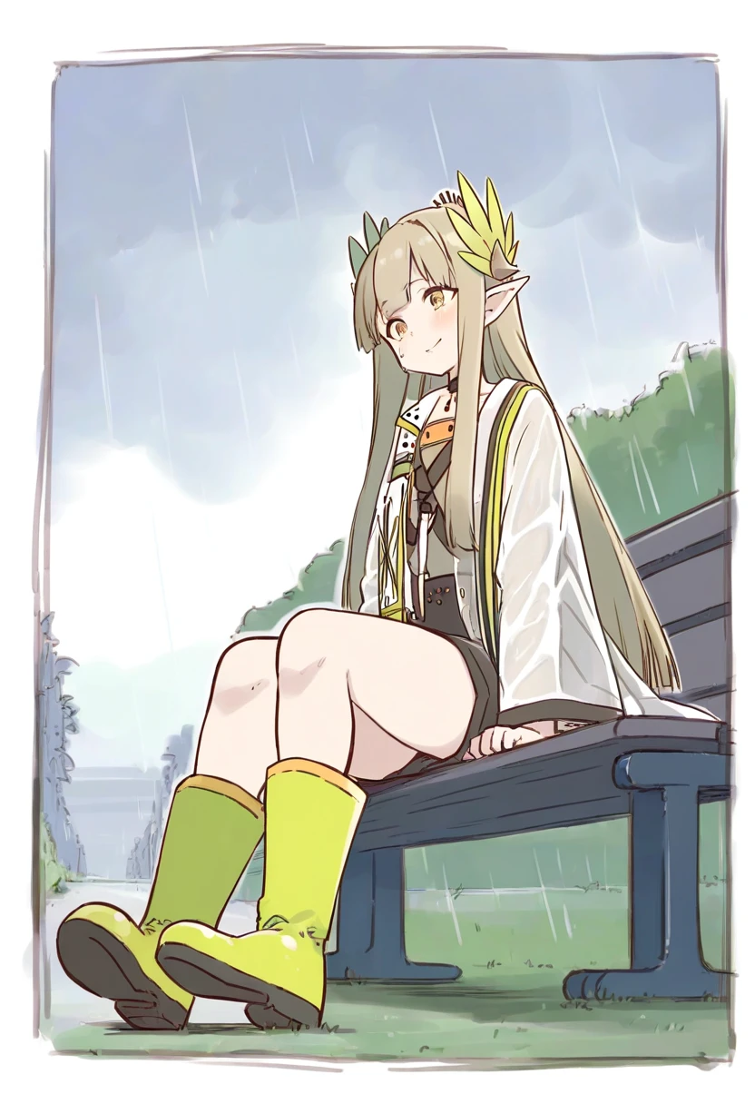 gochisousama \(tanin050\),[[[[[tsukareta san]]]]],[[[[[[[[[[cutesexyrobutts]]]]]]]]]], - 1girl,muelsyse \(arknights\),arknights,cloudy sky,grass,on bench,outdoors,rain,road,yellow rubber boots,see-through coat,sitting,transparent raincoat,water drop,