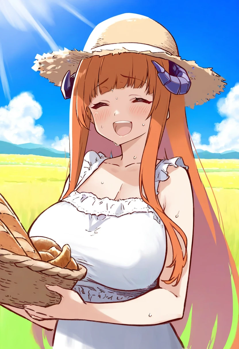 gochisousama \(tanin050\),[[[[[tsukareta san]]]]],[[[[[[[[[[cutesexyrobutts]]]]]]]]]], - 1girl,bagpipe \(arknights\),arknights,baguette,blush,bread,croissant,holding basket,pretzel,upper body,straw hat,field,sky,laughing,sweat,sunlight,