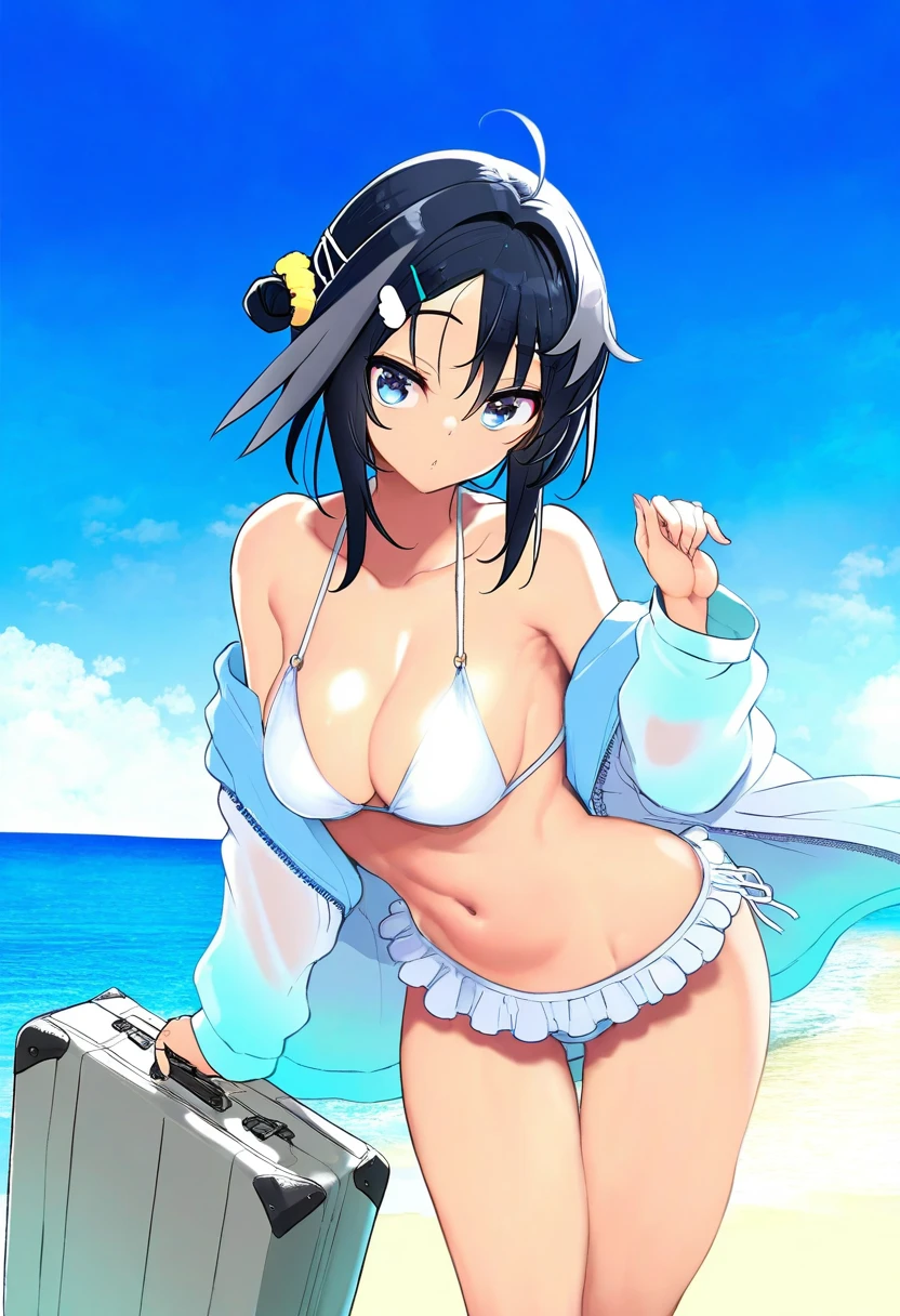 (((takemori shintarou,harada takehito,cool-kyou shinja))),kojima takeshi,(taketora suzume),[[takeuchi takashi,lambda \(kusowarota\)]],[[[cle masahiro]]], - 1girl,la pluma \(summer flowers\) \(arknights\),arknights,white bikini,outdoors,navel,day,sky,blue sky,beach,suitcase,looking at viewer,ocean,low-tied long hair,leaning forward,standing,holding,frills,hand up,bare shoulders,floating hair,