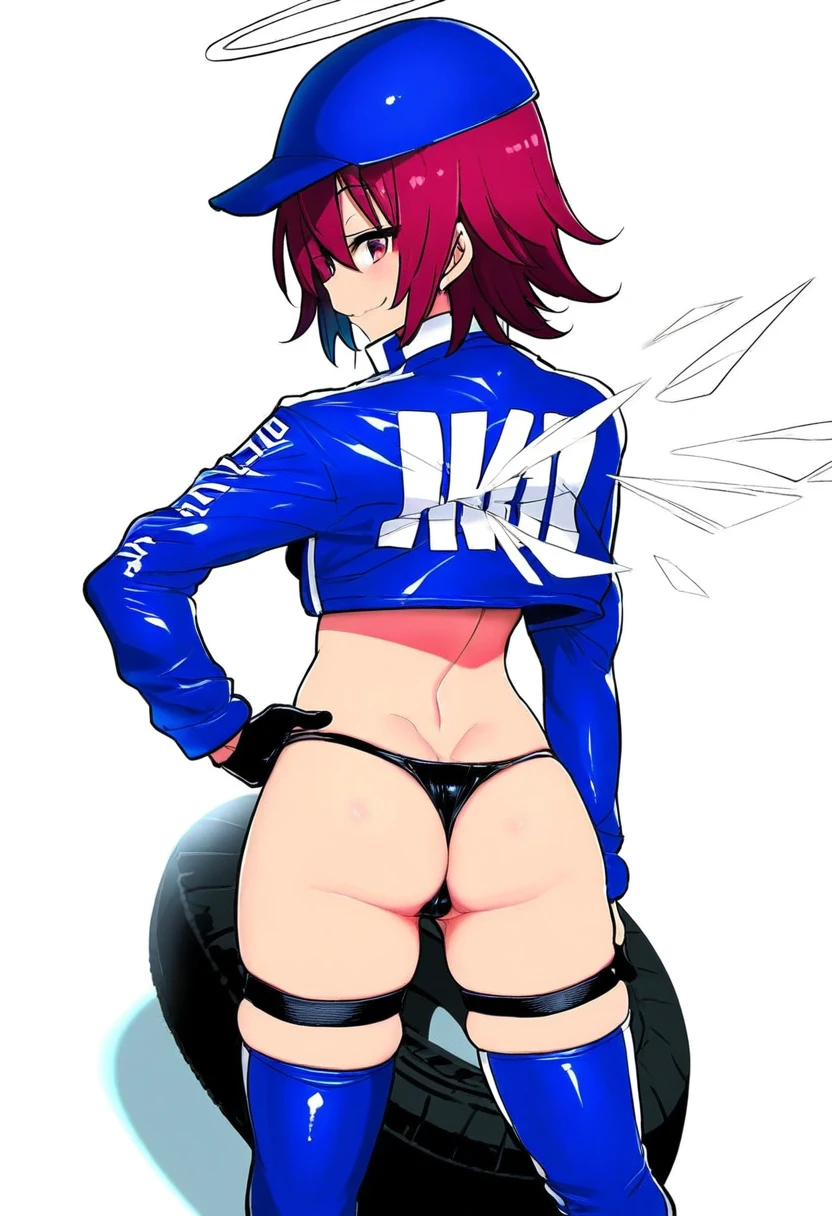 (((takemori shintarou,harada takehito,cool-kyou shinja))),kojima takeshi,(taketora suzume),[[takeuchi takashi,lambda \(kusowarota\)]],[[[cle masahiro]]], - 1girl,exusiai \(arknights\),arknights,black gloves,black panties,blue thigh boots,blue hat,blue jacket,long sleeves,race queen,thigh strap,thong,single bare shoulder,skindentation,tire,