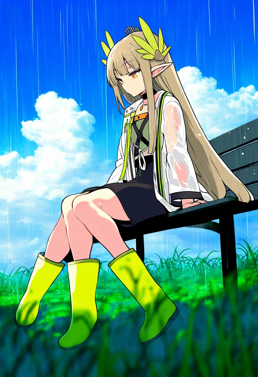 (((takemori shintarou,harada takehito,cool-kyou shinja))),kojima takeshi,(taketora suzume),[[takeuchi takashi,lambda \(kusowarota\)]],[[[cle masahiro]]], - 1girl,muelsyse \(arknights\),arknights,cloudy sky,grass,on bench,outdoors,rain,road,yellow rubber boots,see-through coat,sitting,transparent raincoat,water drop,