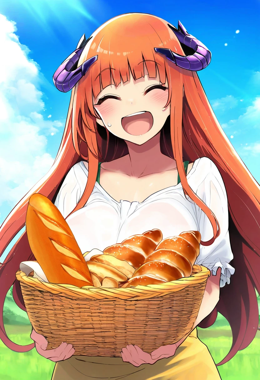 (((takemori shintarou,harada takehito,cool-kyou shinja))),kojima takeshi,(taketora suzume),[[takeuchi takashi,lambda \(kusowarota\)]],[[[cle masahiro]]], - 1girl,bagpipe \(arknights\),arknights,baguette,blush,bread,croissant,holding basket,pretzel,upper body,straw hat,field,sky,laughing,sweat,sunlight,
