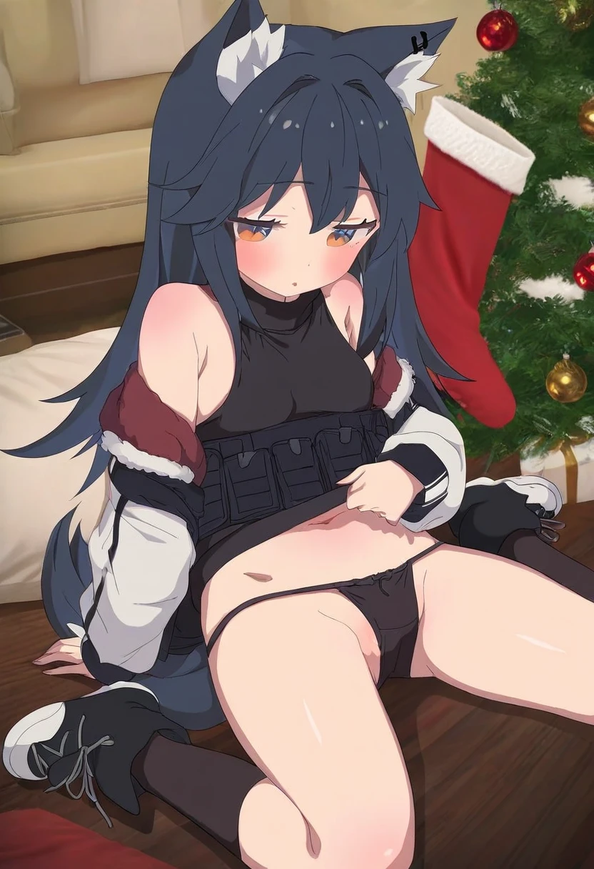 [[piyodera mucha]],yamamomo \(plank\),henreader,eufoniuz, - 1girl,texas \(arknights\),arknights,underwear,tactical vest,christmas tree,christmas ornaments,