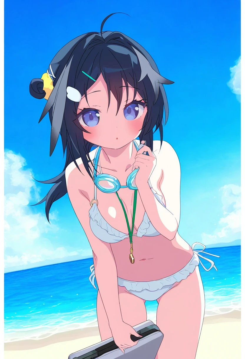 [[piyodera mucha]],yamamomo \(plank\),henreader,eufoniuz, - 1girl,la pluma \(summer flowers\) \(arknights\),arknights,white bikini,outdoors,navel,day,sky,blue sky,beach,suitcase,looking at viewer,ocean,low-tied long hair,leaning forward,standing,holding,frills,hand up,bare shoulders,floating hair,