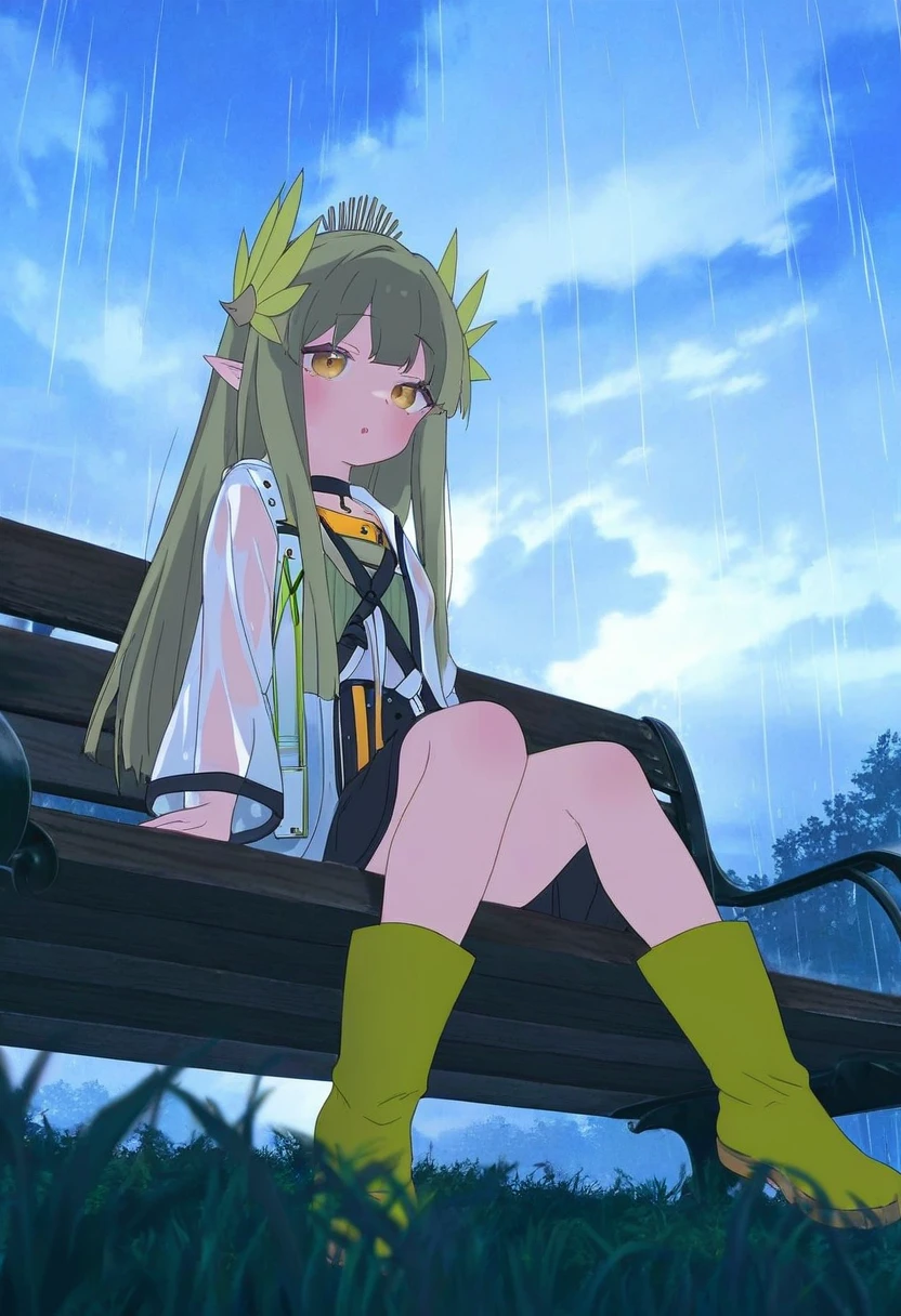 [[piyodera mucha]],yamamomo \(plank\),henreader,eufoniuz, - 1girl,muelsyse \(arknights\),arknights,cloudy sky,grass,on bench,outdoors,rain,road,yellow rubber boots,see-through coat,sitting,transparent raincoat,water drop,