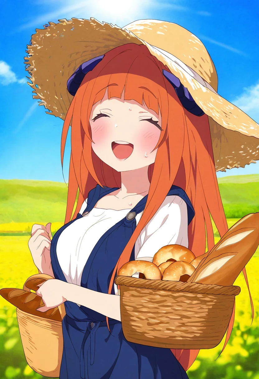 [[piyodera mucha]],yamamomo \(plank\),henreader,eufoniuz, - 1girl,bagpipe \(arknights\),arknights,baguette,blush,bread,croissant,holding basket,pretzel,upper body,straw hat,field,sky,laughing,sweat,sunlight,