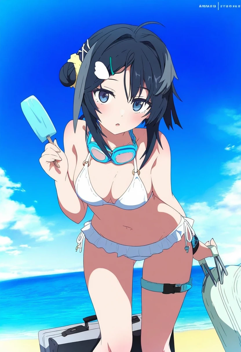 (eufoniuz),(ogipote),(sy4),[[[sumiyao \(amam\)]]], - 1girl,la pluma \(summer flowers\) \(arknights\),arknights,white bikini,outdoors,navel,day,sky,blue sky,beach,suitcase,looking at viewer,ocean,low-tied long hair,leaning forward,standing,holding,frills,hand up,bare shoulders,floating hair,