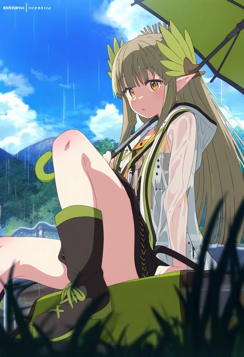 (eufoniuz),(ogipote),(sy4),[[[sumiyao \(amam\)]]], - 1girl,muelsyse \(arknights\),arknights,cloudy sky,grass,on bench,outdoors,rain,road,yellow rubber boots,see-through coat,sitting,transparent raincoat,water drop,