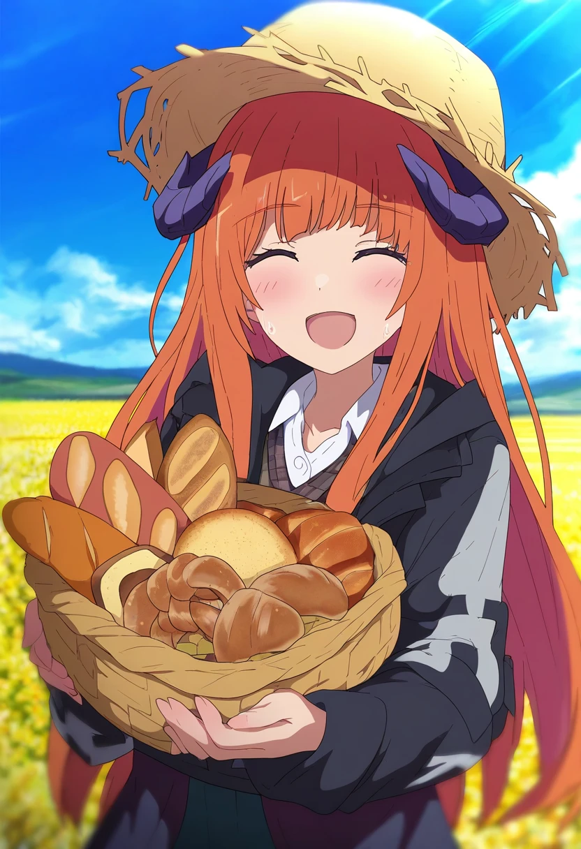 (eufoniuz),(ogipote),(sy4),[[[sumiyao \(amam\)]]], - 1girl,bagpipe \(arknights\),arknights,baguette,blush,bread,croissant,holding basket,pretzel,upper body,straw hat,field,sky,laughing,sweat,sunlight,