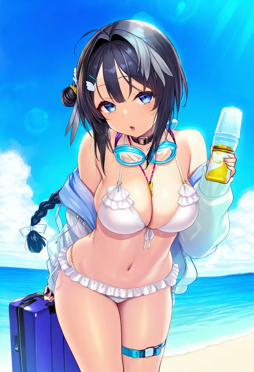 (henreader),yapo \(croquis side\),satou kuuki,[[asanagi]],[[[[sugoihi]]],[shiokonbu], - 1girl,la pluma \(summer flowers\) \(arknights\),arknights,white bikini,outdoors,navel,day,sky,blue sky,beach,suitcase,looking at viewer,ocean,low-tied long hair,leaning forward,standing,holding,frills,hand up,bare shoulders,floating hair,