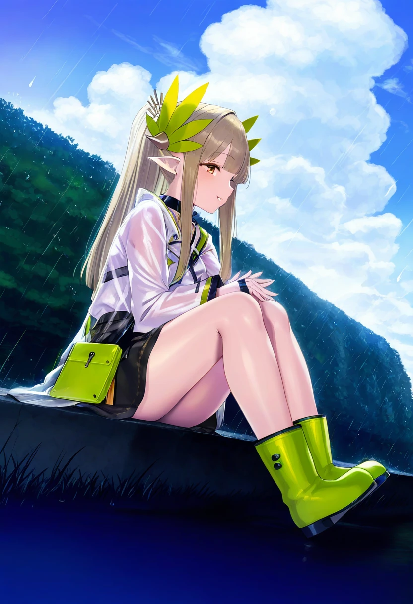 (henreader),yapo \(croquis side\),satou kuuki,[[asanagi]],[[[[sugoihi]]],[shiokonbu], - 1girl,muelsyse \(arknights\),arknights,cloudy sky,grass,on bench,outdoors,rain,road,yellow rubber boots,see-through coat,sitting,transparent raincoat,water drop,